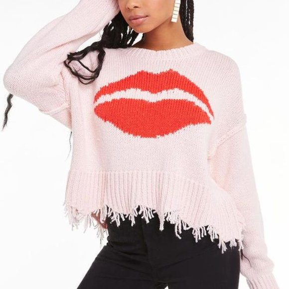NWT WILDFOX Luna Lip Frayed-Hem Cotton Sweater Pink Small - Picture 8 of 13